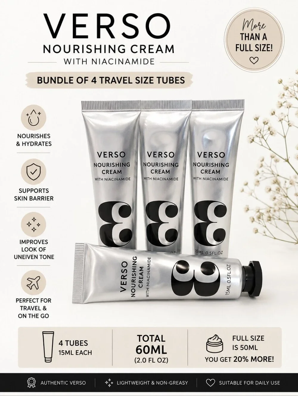 Verso Nourishing Cream with Niacinamide Travel Size Bundle of 4 | 15ml Each